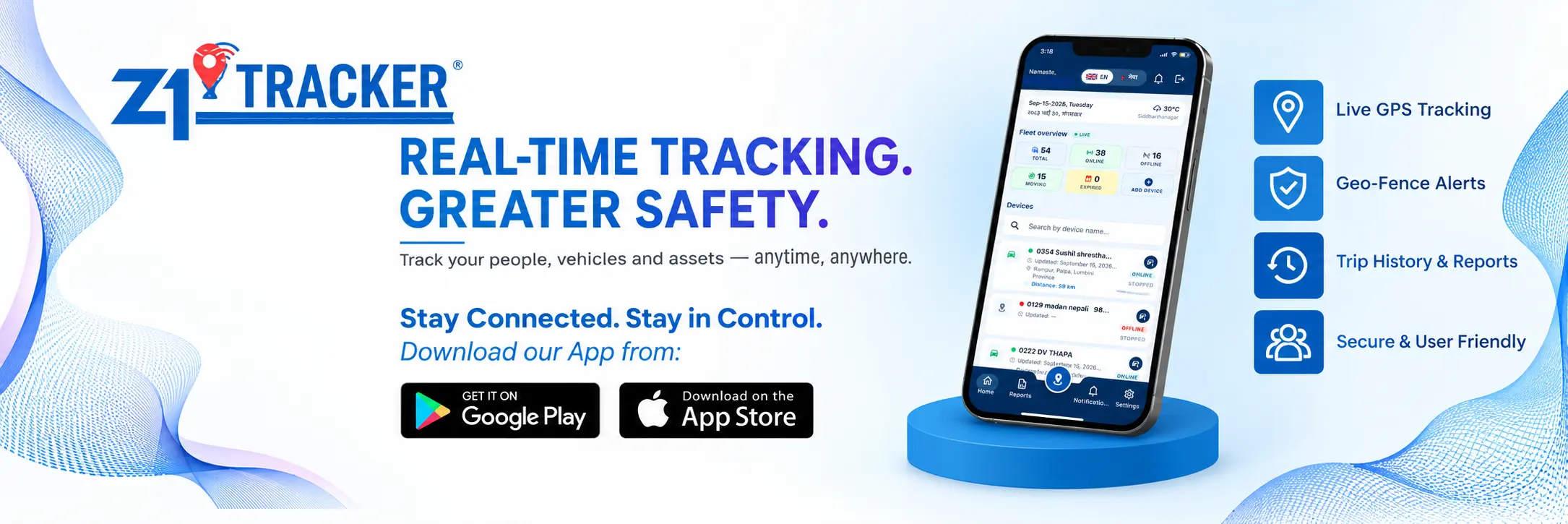 Z1 Tracker — Real-time tracking, greater safety. Download the app on Google Play and the App Store